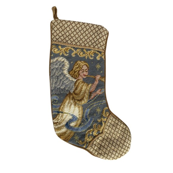 C&F Needlepoint Christmas Stocking Angel Playing Horn Gold Blue - Picture 1 of 6